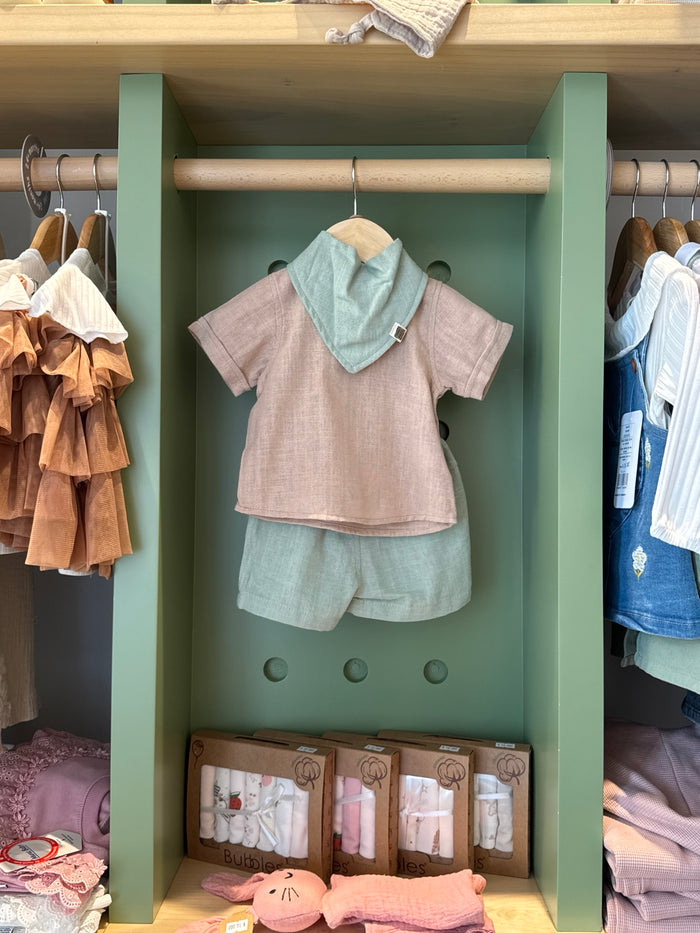 BabyBoy 2pcs Linen Set Mint/Beige + Bib - front