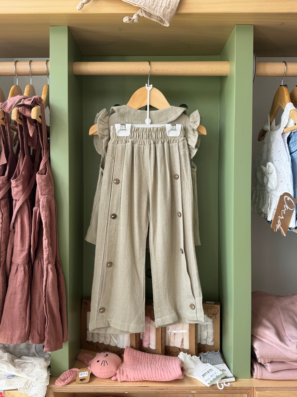 Girl 2pcs Wide Legs Pant Olive Set back