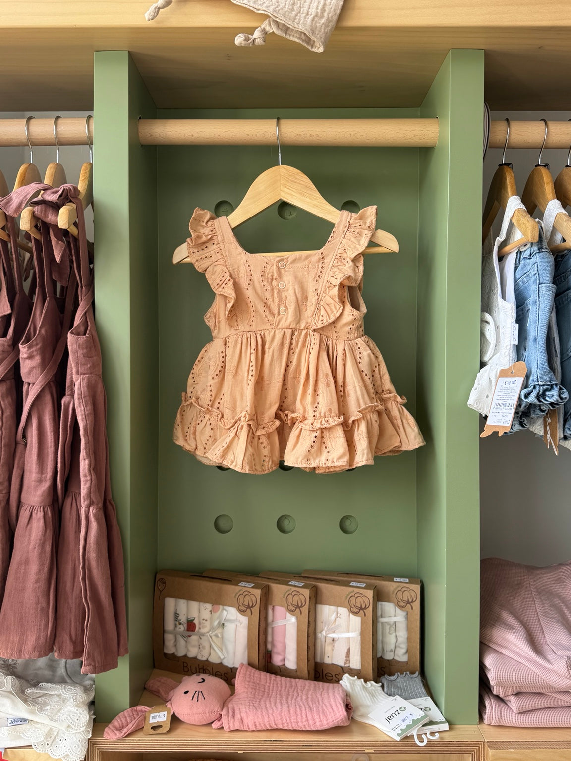 BabyGirl Beige Embroidered Ruffled Dress - back