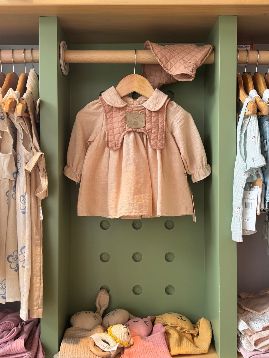 BabyGirl Dark Beige Dress with Removable Bib and Hat