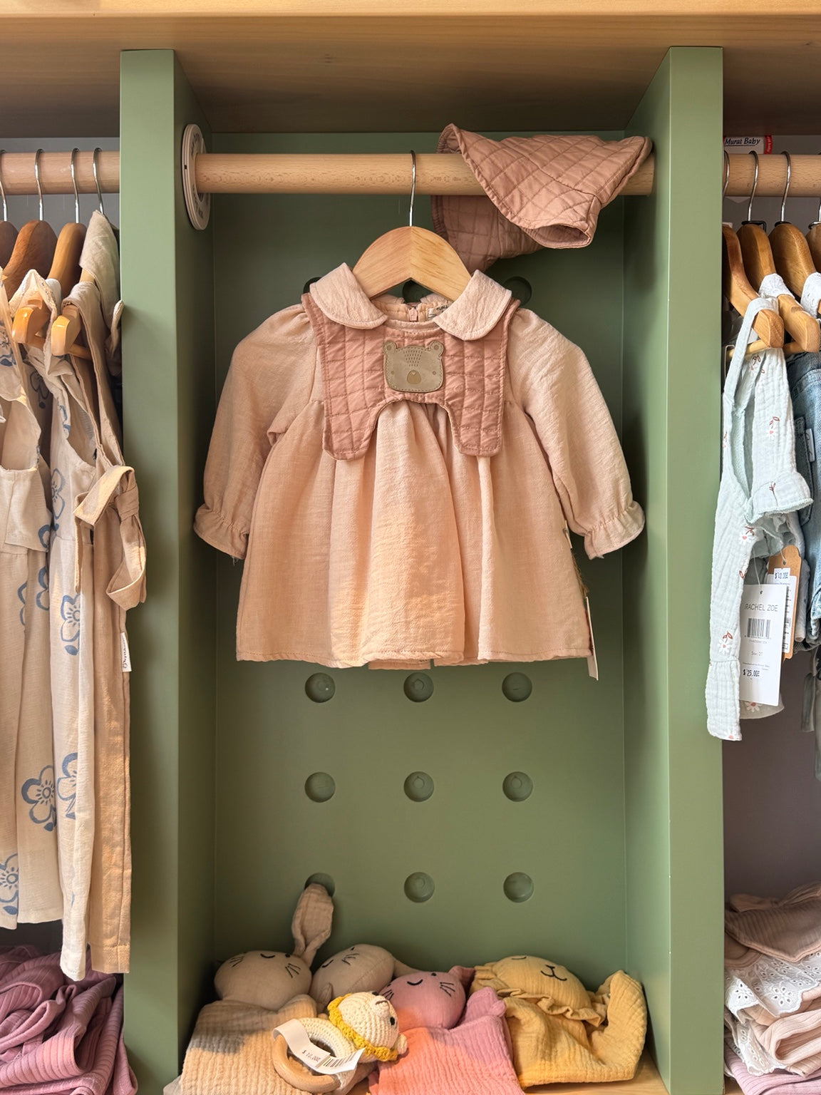 BabyGirl Dark Beige Dress with Removable Bib and Hat