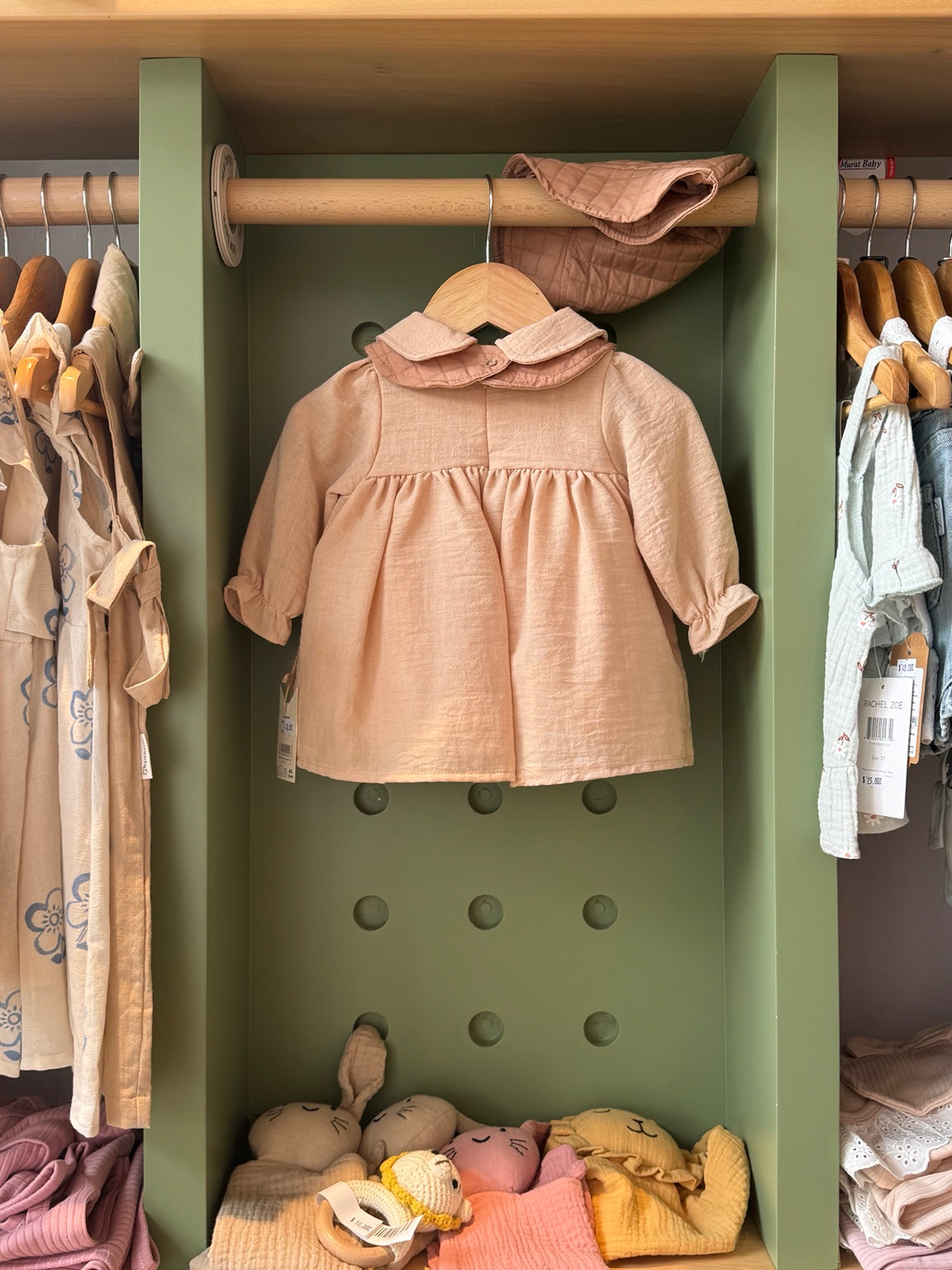 BabyGirl Dark Beige Dress with Removable Bib and Hat