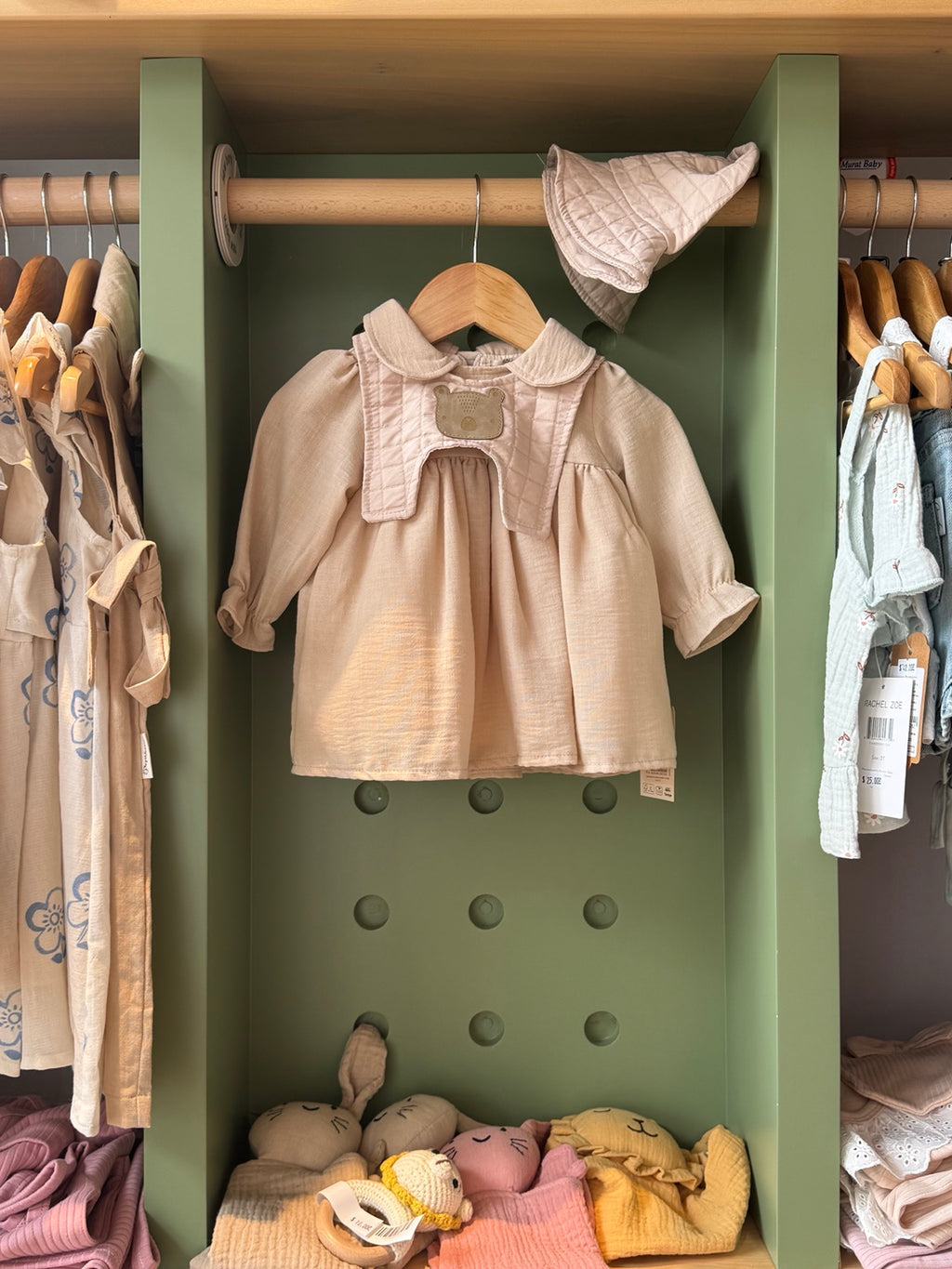 BabyGirl Light Beige Dress with Removable Bib and Hat