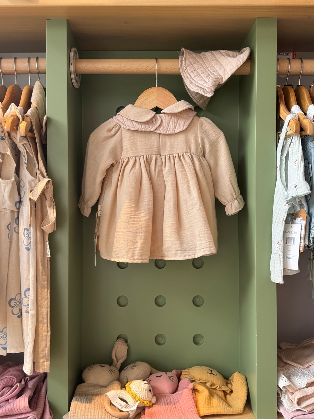 BabyGirl Light Beige Dress with Removable Bib and Hat