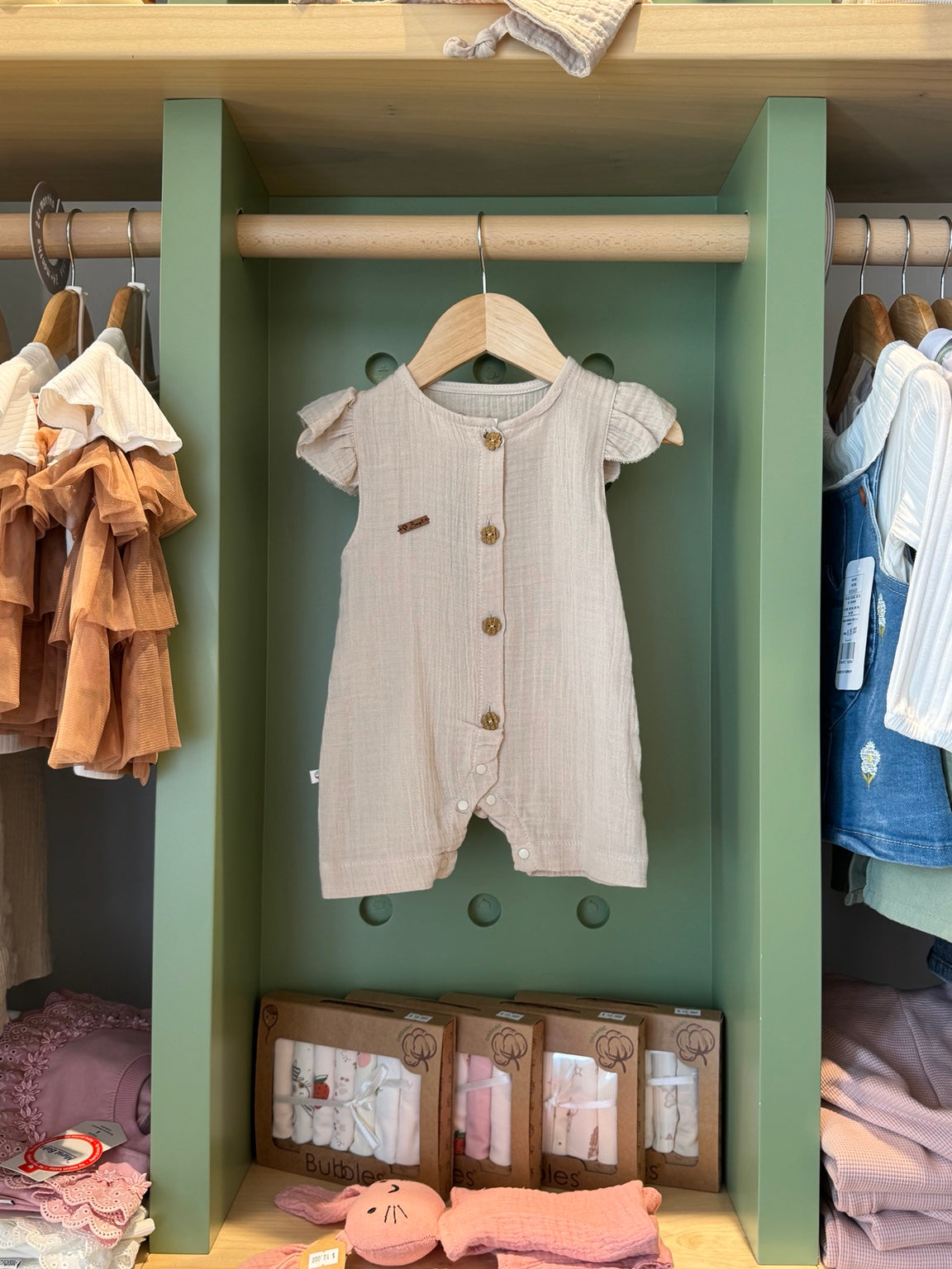 BabyGirl Linen Romper Beige front