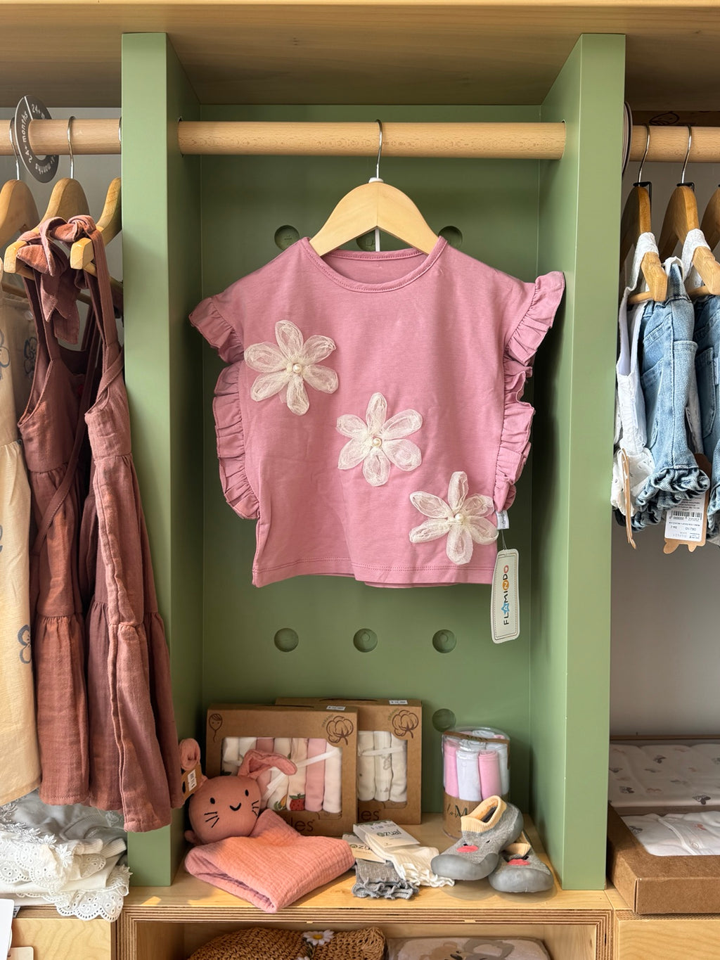 Girl 2pcs Cotton Ruffled Sleeved Pink Set - front