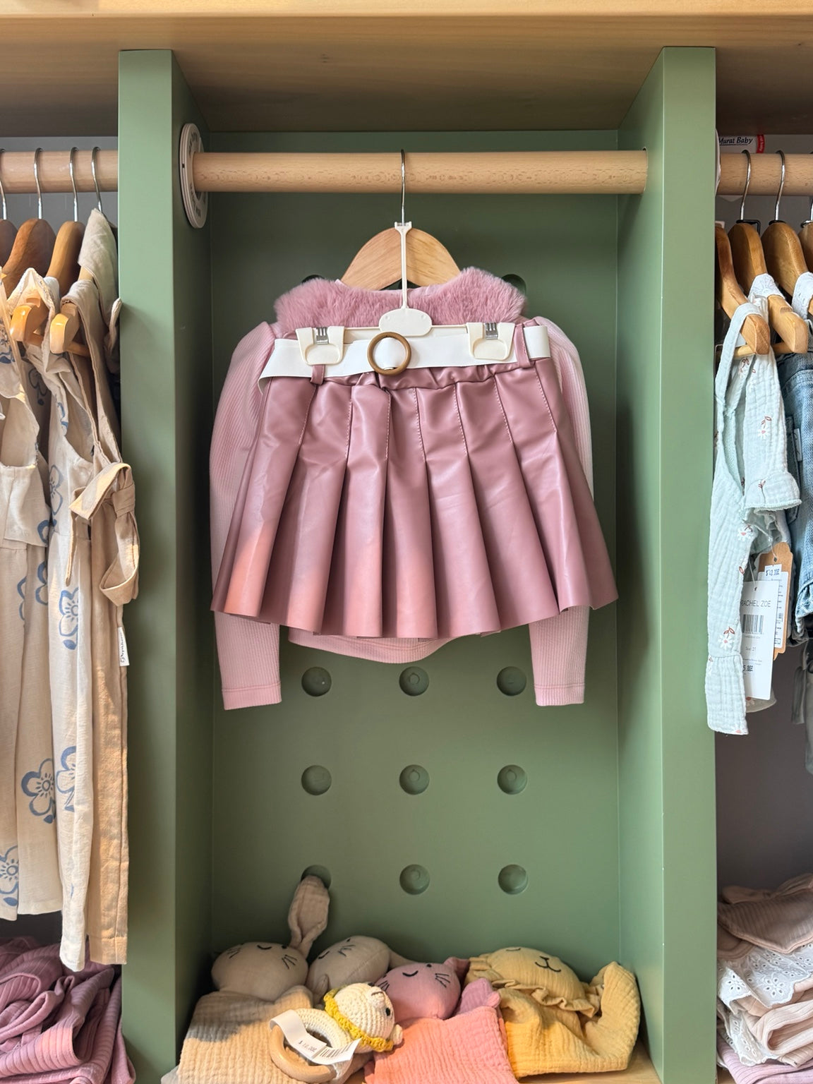 Girl 3pcs Pink Leather Skirt Set with Fur
